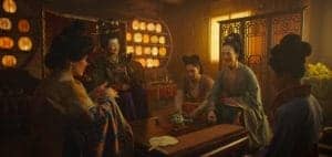 Disney's MULAN..L to R: Groom's mother, Matchmaker (Pei-Pei Cheng), Xiu (Xana Tang), Wuwei (Rosalind Chao) and Mulan (Yifei Liu)..Photo: Film Frame..© 2019 Disney Enterprises, Inc. All Rights Reserved.